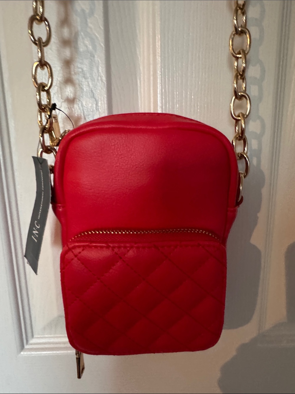 INC International Concepts Red Quilted Crossbody with Gold Chain Strap
